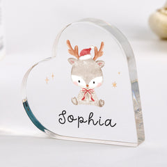 Personalised Cute Christmas Gift for Girl Boy Reindeer Heart Plaque with Name Acrylic Keepsake Gift for Child Kids Baby