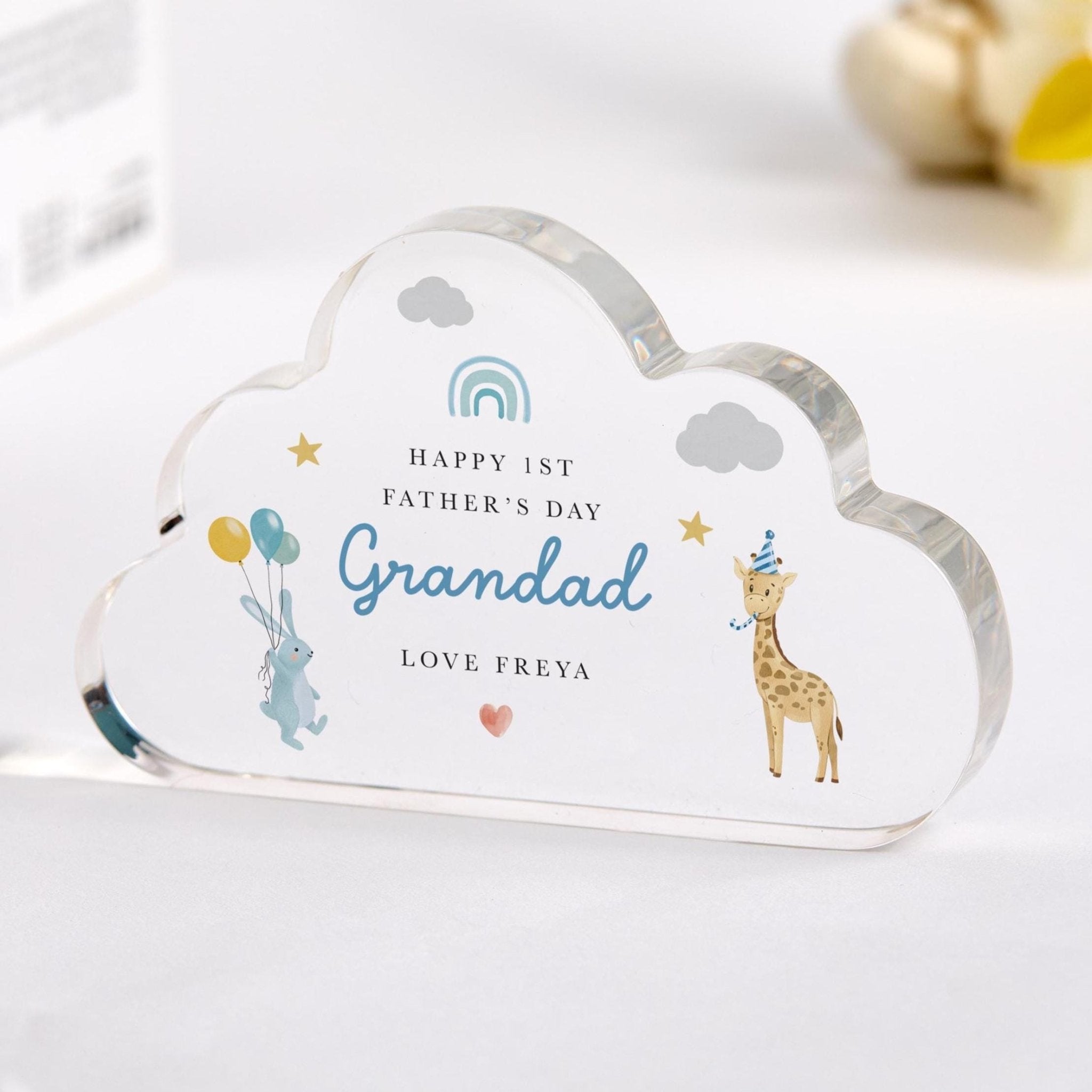 Personalised Cute First Fathers Day Grandad Cloud Acrylic Plaque Keepsake Name Animal Design Bump