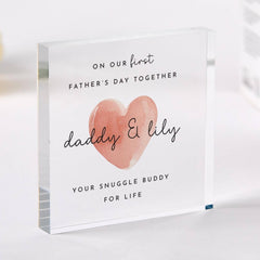 Personalised Daddy and Me First Father's Day Gift Clear Acrylic Plaque Keepsake with Heart Dad and Baby Girl Name Block Our 1st Fathers Day