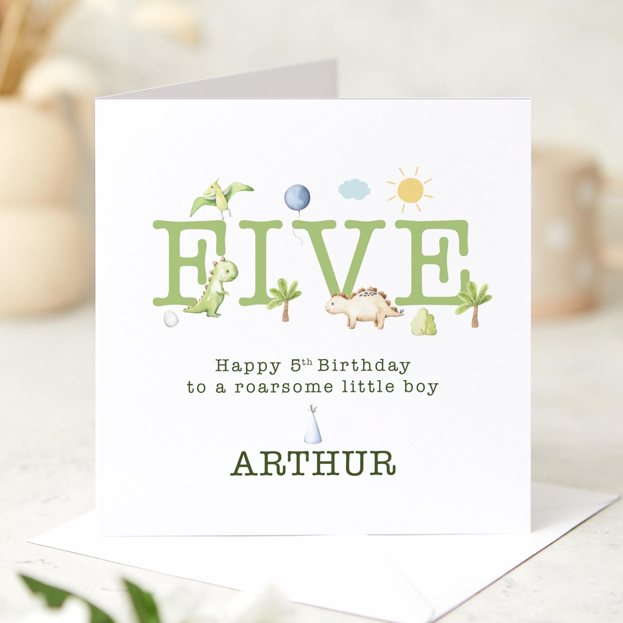 Personalised dinosaur themed fifth birthday card with name for a little Boy Roarsome Card for Age 5 Dino Party I am five Nephew Grandson Son