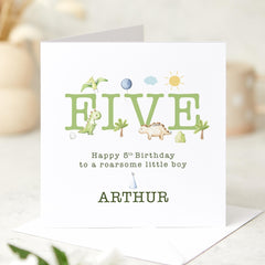 Personalised dinosaur themed fifth birthday card with name for a little Boy Roarsome Card for Age 5 Dino Party I am five Nephew Grandson Son