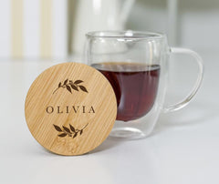 Personalised Double Wall Glass Mug with Bamboo Lid – Custom Engraved Name Gift for Her