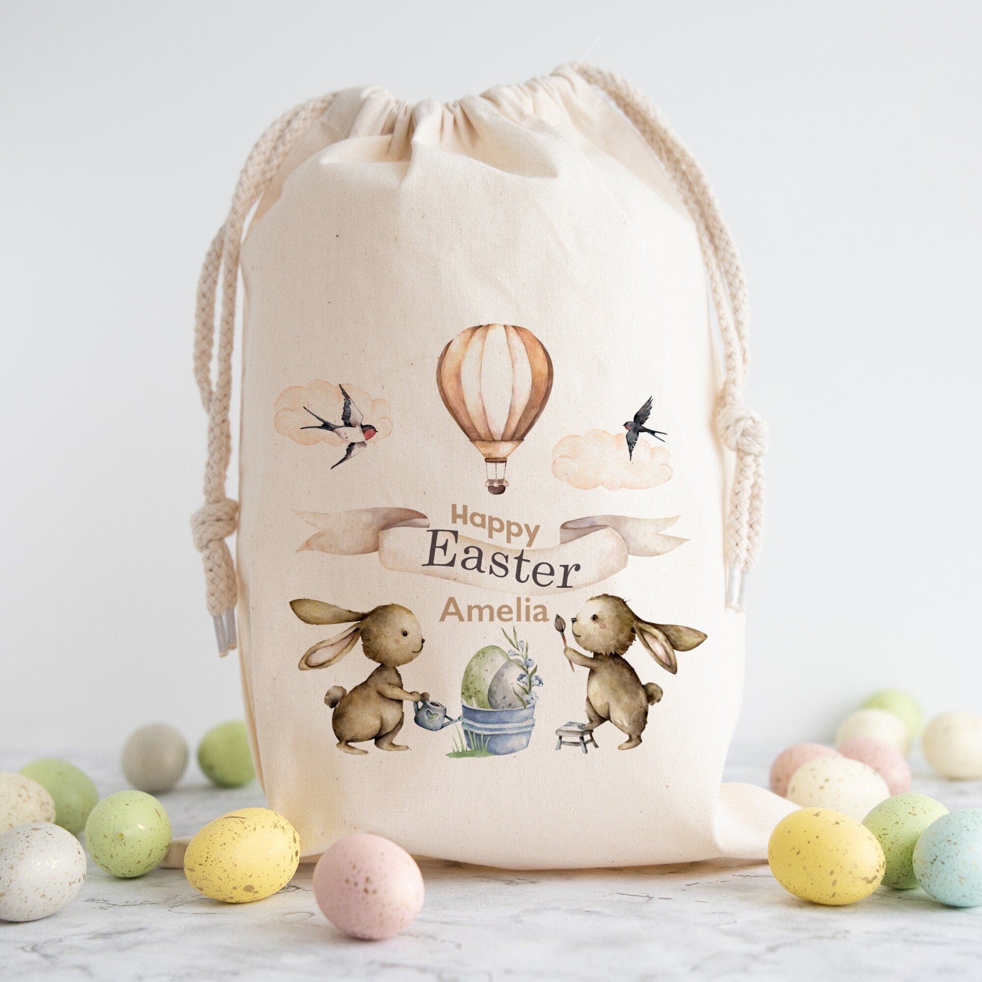 Personalised Easter Sack Name Easter Bunny Rabbit Egg Hunt Bags Treat Bag 1st Easter Happy Easter