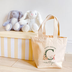 Personalised Easter Tote Bag with Initial - Gift for Son, Daughter, Grandchild, Niece or Nephew – Bunny Egg Hunt Keepsake