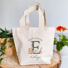 Personalised Easter Tote Bag with Initial - Gift for Son, Daughter, Grandchild, Niece or Nephew – Bunny Egg Hunt Keepsake