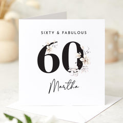 Personalised Elegant 60th Birthday Card for Her with Name and Age Sixty and Fabulous Milestone 60th Card for Mum Nan Aunt Friend Keepsake