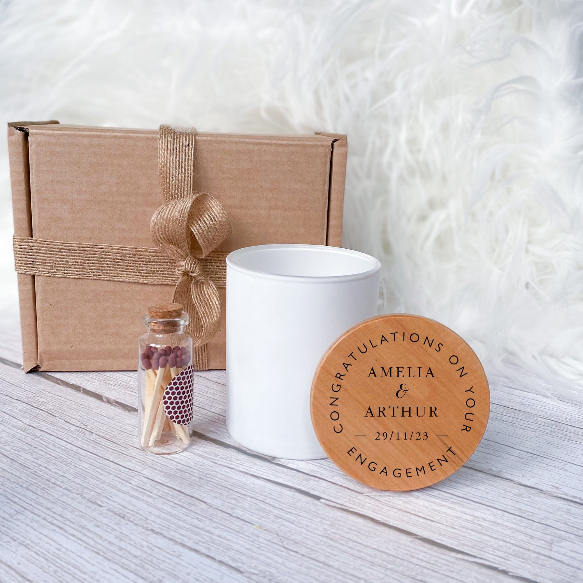 Personalised Engagement Candle with Wooden Engraving Lid and Gift Box, Gift for Engaged Couple