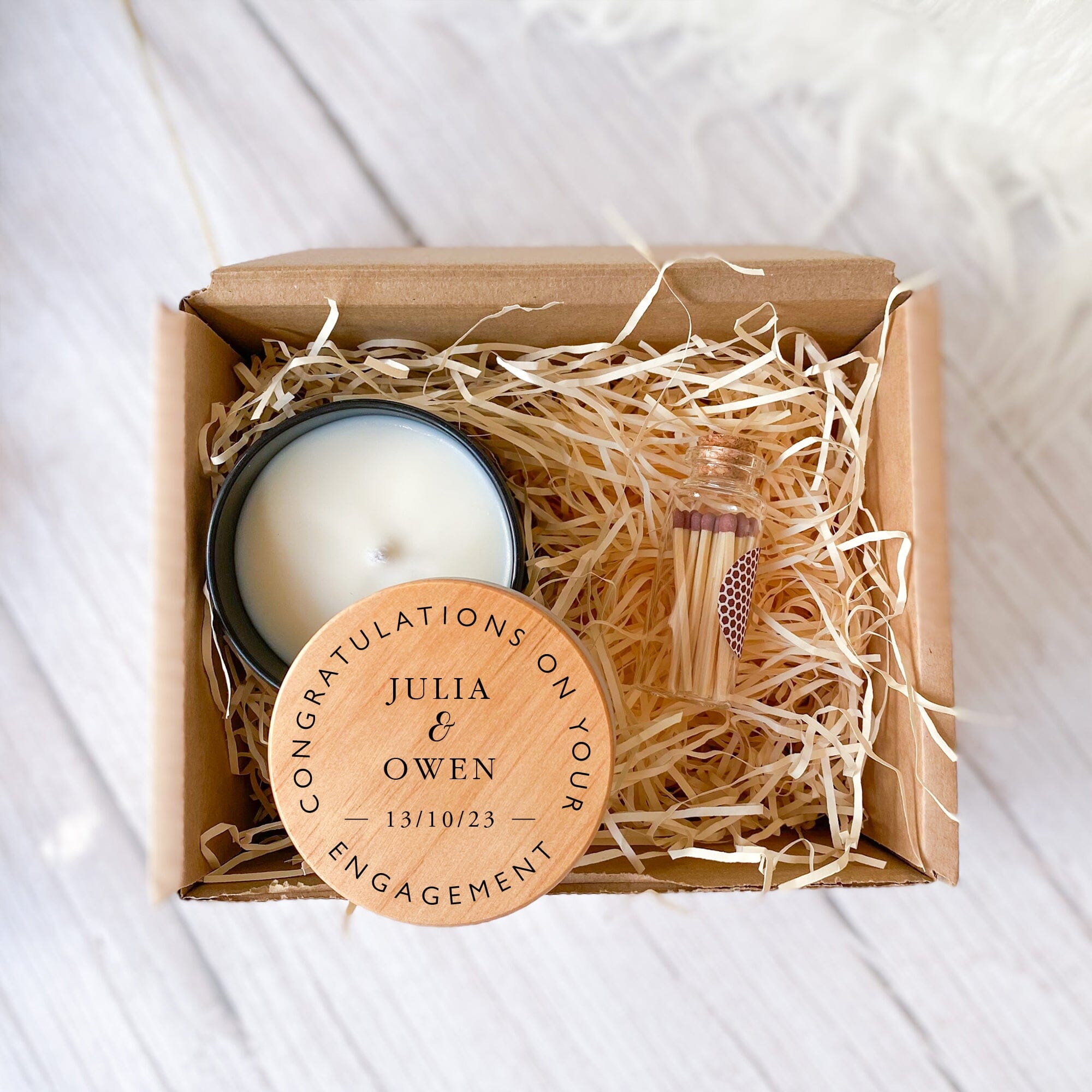 Personalised Engagement Candle with Wooden Engraving Lid and Gift Box, Gift for Engaged Couple