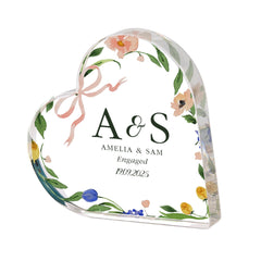 Personalised Engagement Gift Acrylic Heart Plaque with Initials Keepsake for Engaged Couple with Names and Date Floral Romantic Design