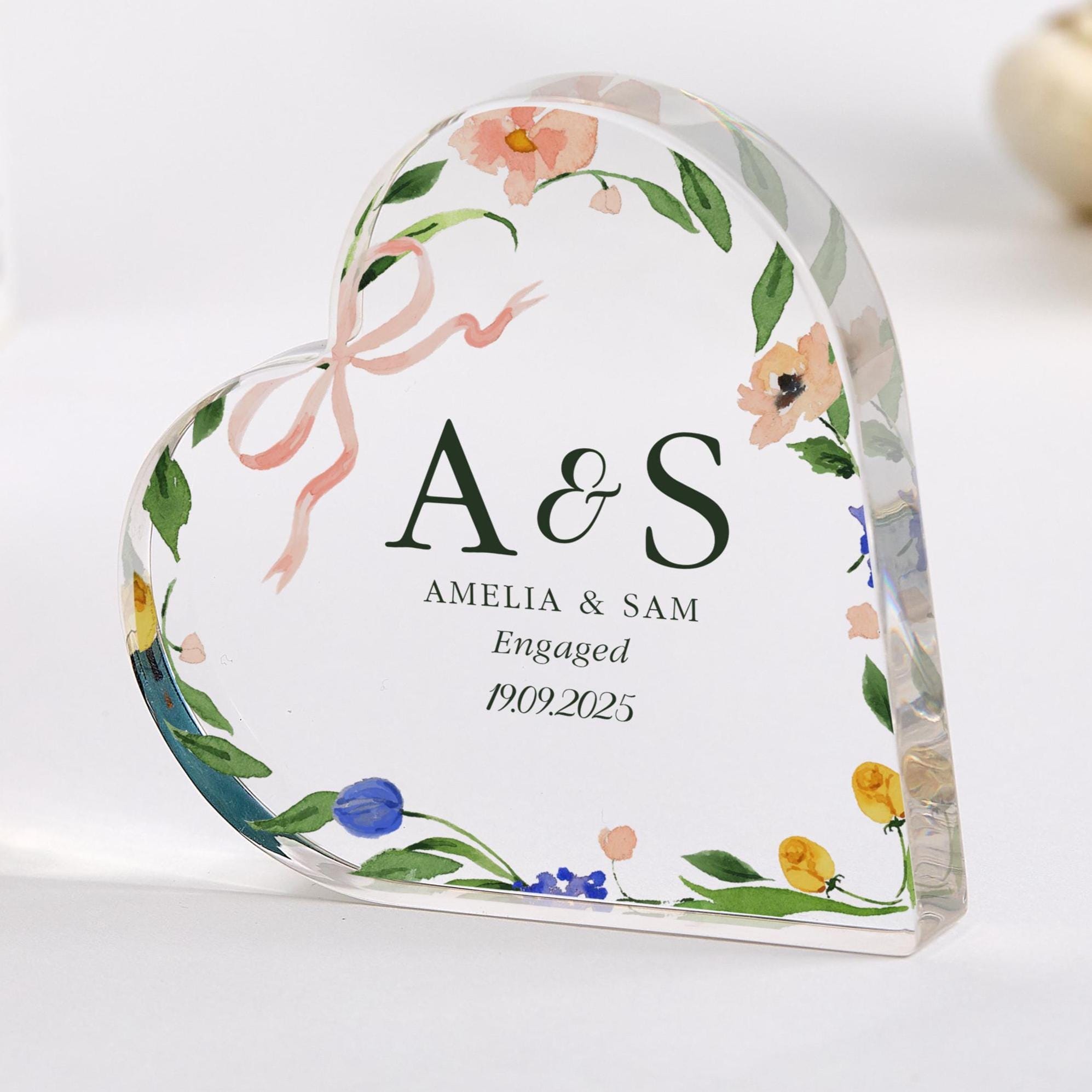 Personalised Engagement Gift Acrylic Heart Plaque with Initials Keepsake for Engaged Couple with Names and Date Floral Romantic Design