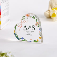 Personalised Engagement Gift Acrylic Heart Plaque with Initials Keepsake for Engaged Couple with Names and Date Floral Romantic Design