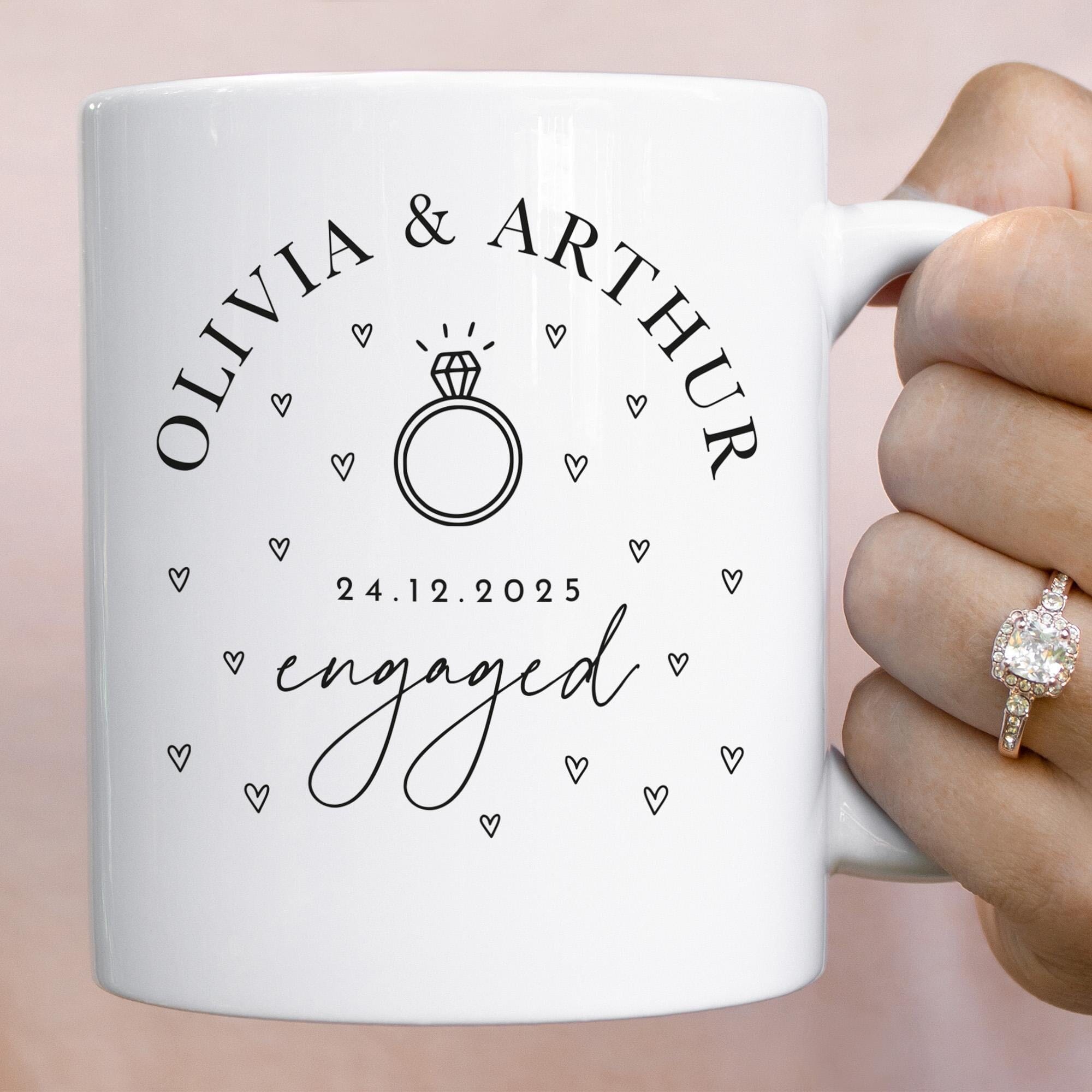 Personalised Engagement Mug with Names and Date Engaged Couple Gift Keepsake Coffee Cup for Fiance or Fiancee Hen Party Bridal Shower Gift