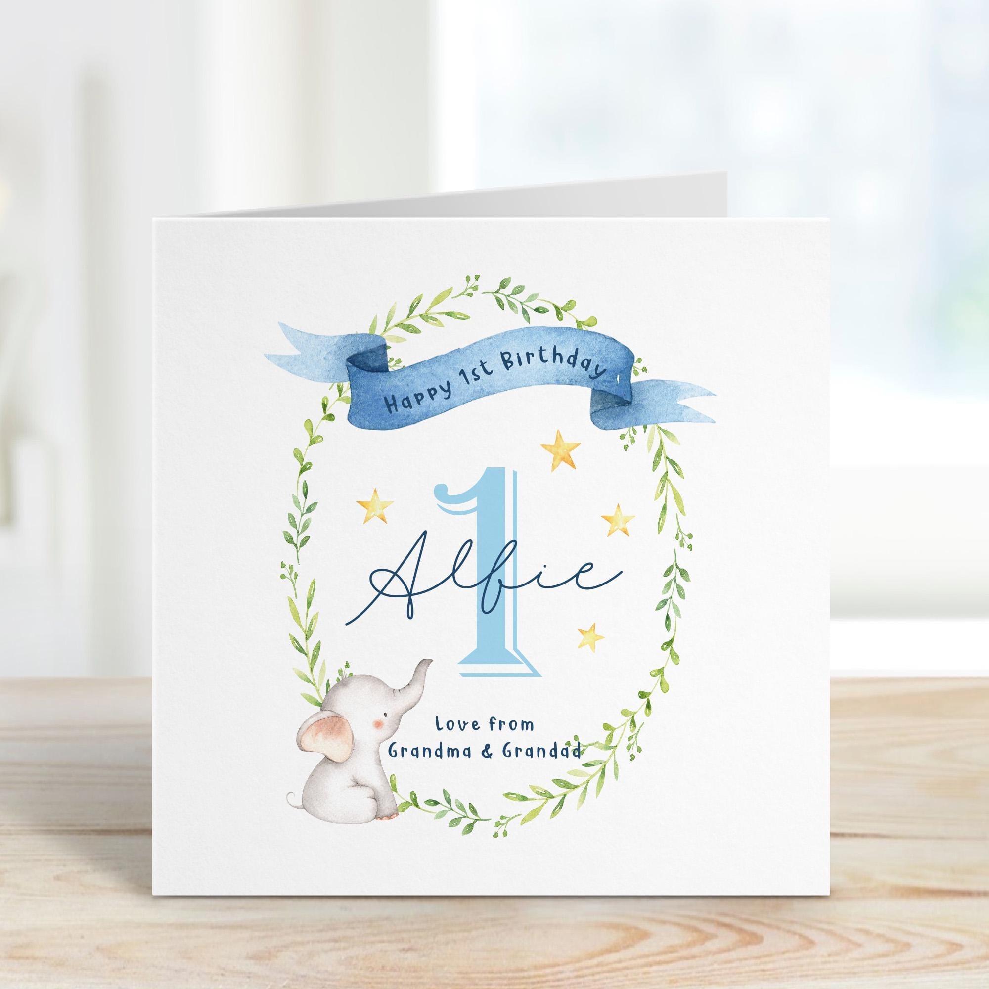 Personalised First Birthday Card for Baby Boy Girl Custom Name 1st Birthday Card Cute Elephant I am One Nephew Niece Grandson Granddaughter
