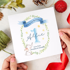 Personalised First Birthday Card for Baby Boy Girl Custom Name 1st Birthday Card Cute Elephant I am One Nephew Niece Grandson Granddaughter