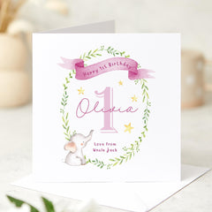 Personalised First Birthday Card for Baby Boy Girl Custom Name 1st Birthday Card Cute Elephant I am One Nephew Niece Grandson Granddaughter