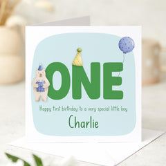 Personalised First Birthday Card for Baby Boy Name Bear and Balloon Design 1st Birthday Keepsake Card for Son Grandson or Nephew I am One
