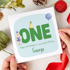 Personalised First Birthday Card for Baby Boy Name Bear and Balloon Design 1st Birthday Keepsake Card for Son Grandson or Nephew I am One