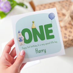 Personalised First Birthday Card for Baby Boy Name Bear and Balloon Design 1st Birthday Keepsake Card for Son Grandson or Nephew I am One