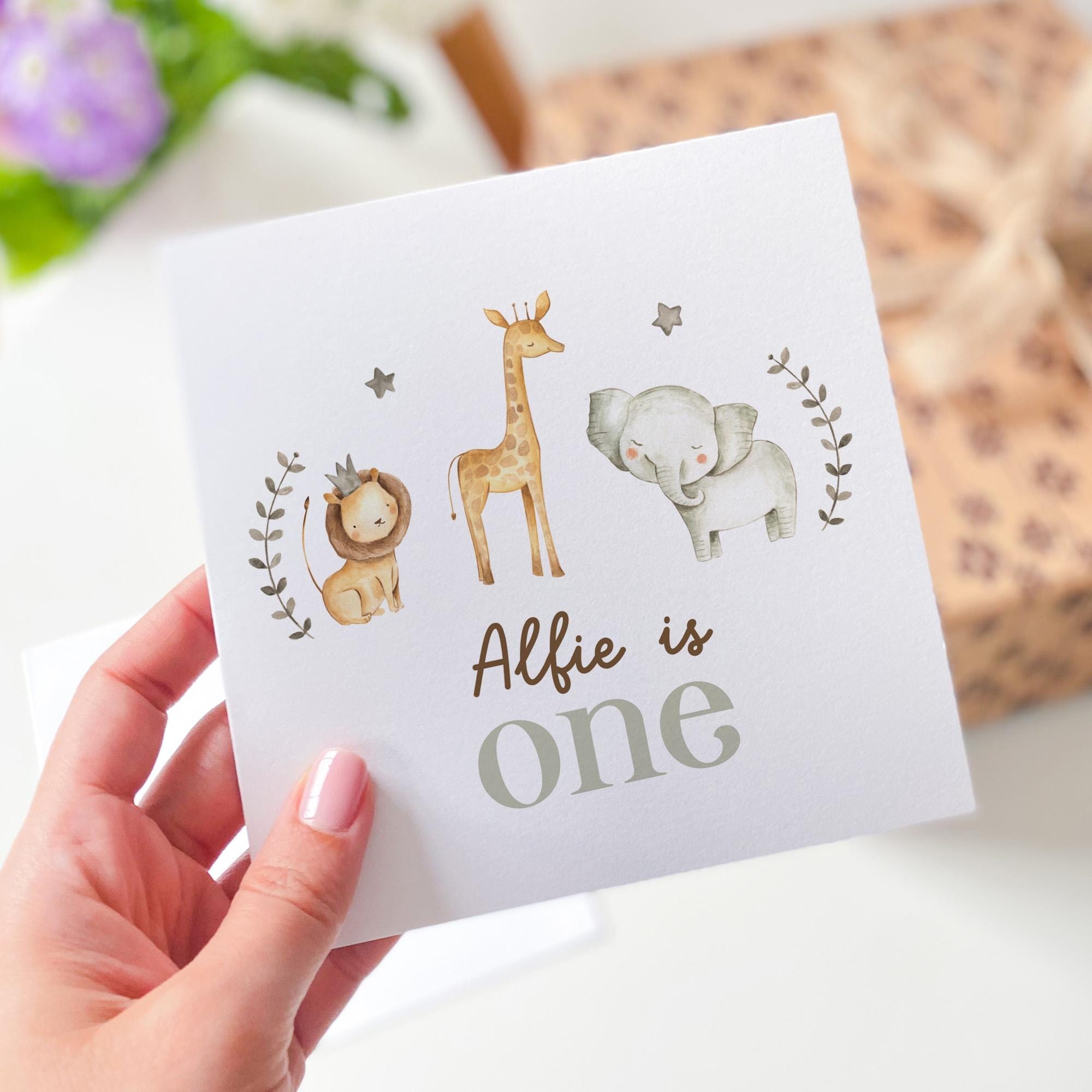 Personalised First Birthday Card for Baby Custom Name Safari Animal Card 1st Birthday Card for Boy Girl Cute Woodland Jungle Themed Birthday