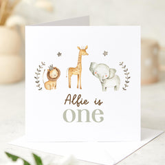 Personalised First Birthday Card for Baby Custom Name Safari Animal Card 1st Birthday Card for Boy Girl Cute Woodland Jungle Themed Birthday