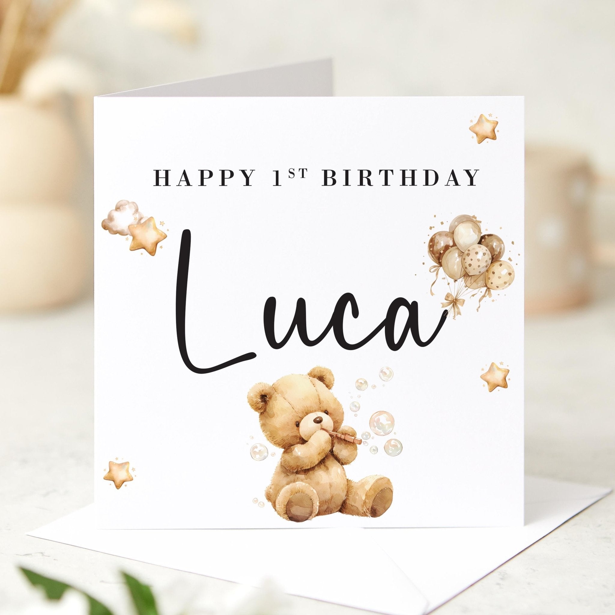 Personalised First Birthday Card for Boy Girl Son Daughter Nephew Niece Godson 1st Birthday Cute Teddy Bear Design Cute Keepsake for Toddler