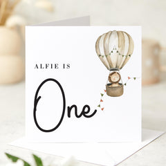 Personalised First Birthday Card for Boys or Girls Custom Name and Age 1st Hot Air Balloon and Lion Adorable Keepsake for Toddlers Nephew
