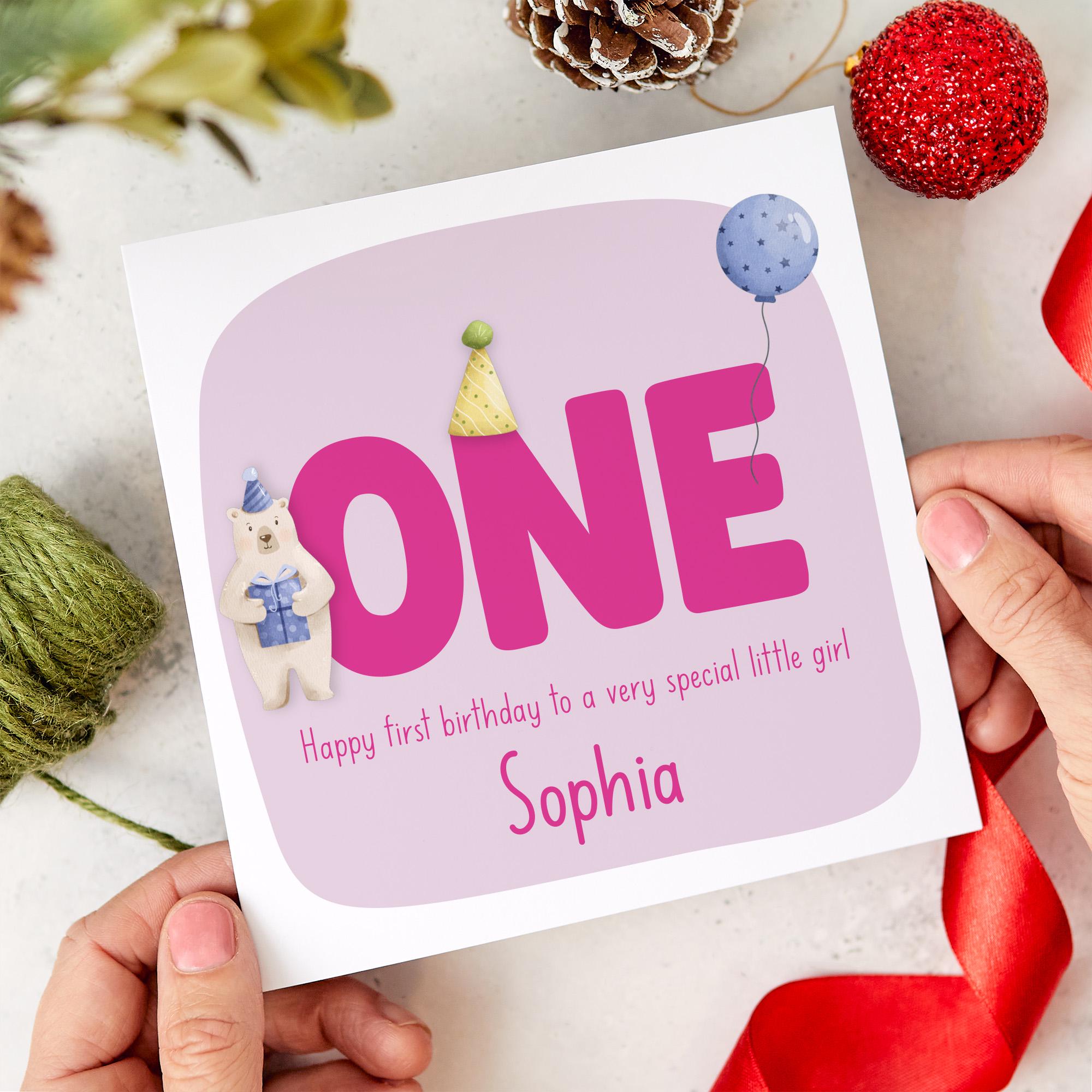 Personalised First Birthday Card for Little Girl Name Bear and Balloon Design Keepsake Card for Daughter Granddaughter or Niece I am One