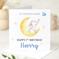Personalised First Birthday Card for Nephew Custom Name Baby Elephant and Moon Design Keepsake Card To a Special Little Nephew's Birthday