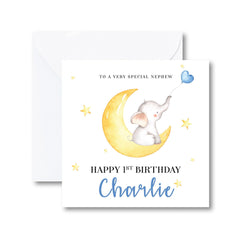 Personalised First Birthday Card for Nephew Custom Name Baby Elephant and Moon Design Keepsake Card To a Special Little Nephew's Birthday
