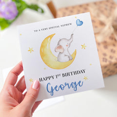 Personalised First Birthday Card for Nephew Custom Name Baby Elephant and Moon Design Keepsake Card To a Special Little Nephew's Birthday