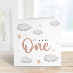 Personalised First Birthday Card With Name Babys 1St Birhday Gift Card Name's Is One 1St Birthday Card For Boy Girl Cloud Themed Design Boho