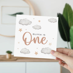 Personalised First Birthday Card With Name Babys 1St Birhday Gift Card Name's Is One 1St Birthday Card For Boy Girl Cloud Themed Design Boho