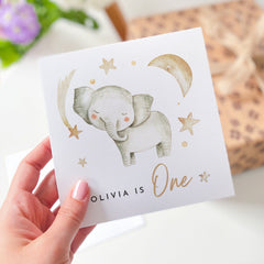 Personalised First Birthday Card With Name Babys 1St Birthday Gift Card Name's Is One 1St Birthday Card For Boy Girl Cute Elephant Design