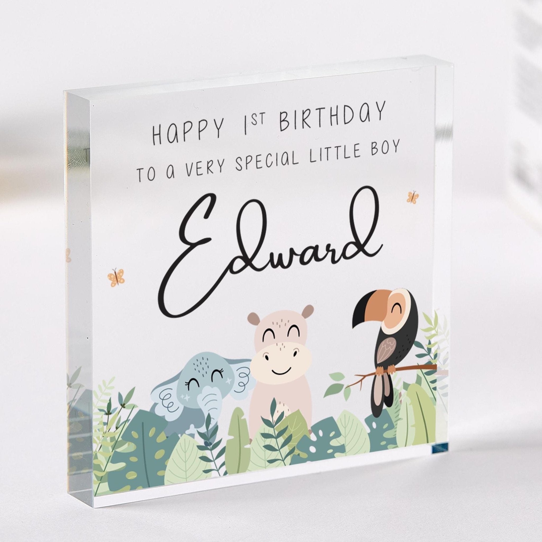 Personalised First Birthday for Special Boy Acrylic Plaque Jungle Animal Design 1st Keepsake for Nephew Son Grandson Name Nursery Decoration