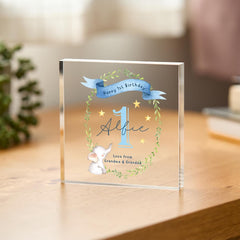 Personalised First Birthday Gift for Girl or Boy BLUE or PINK Acrylic Plaque Custom Name 1st Keepsake with Elephant Design Present for Baby