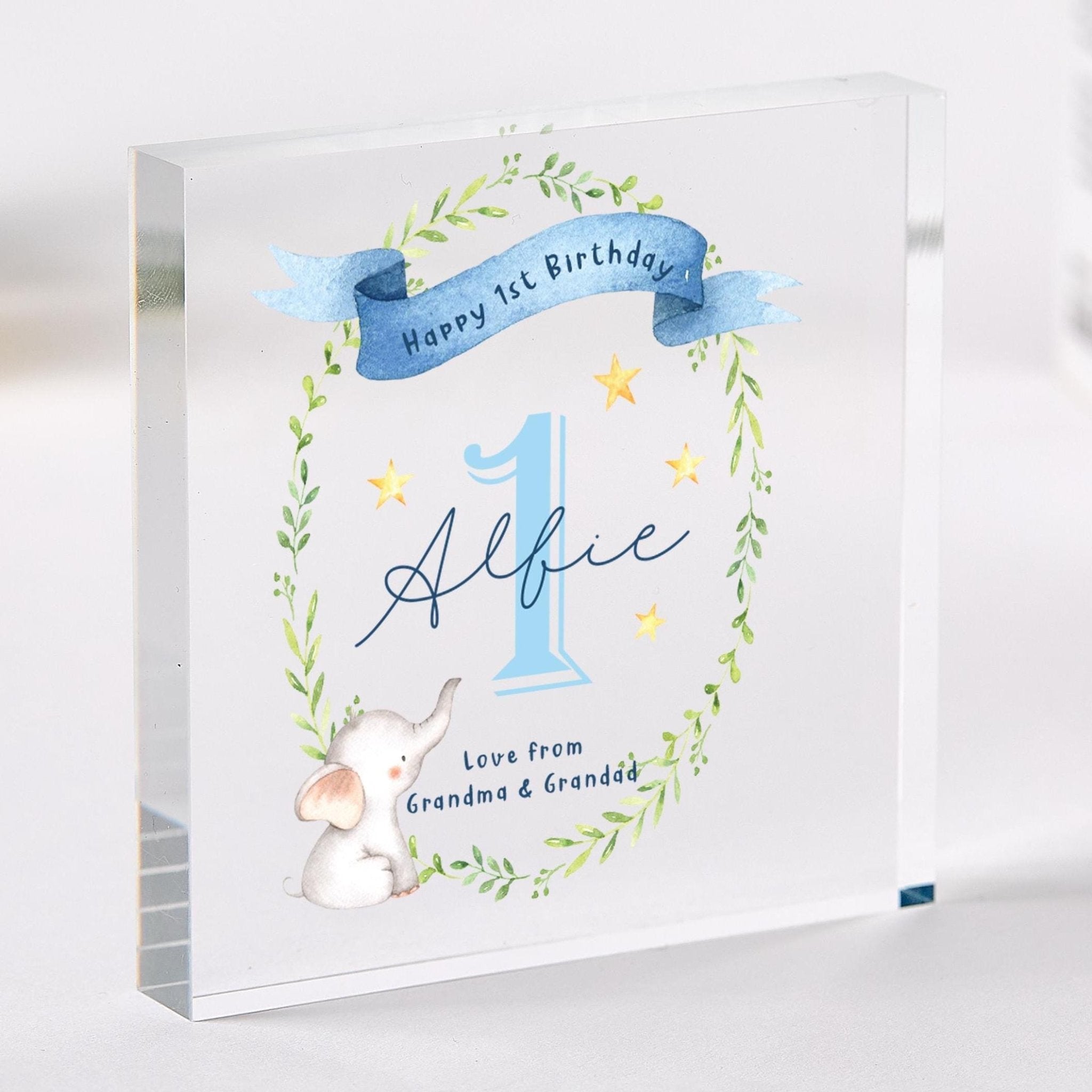 Personalised First Birthday Gift for Girl or Boy BLUE or PINK Acrylic Plaque Custom Name 1st Keepsake with Elephant Design Present for Baby