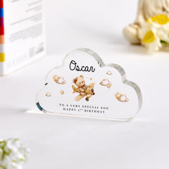 Personalised First Birthday Gift for Nephew Grandson Son Acrylic Plaque Teddy Bear Keepsake for Baby Boy Name Nursery Decoration for