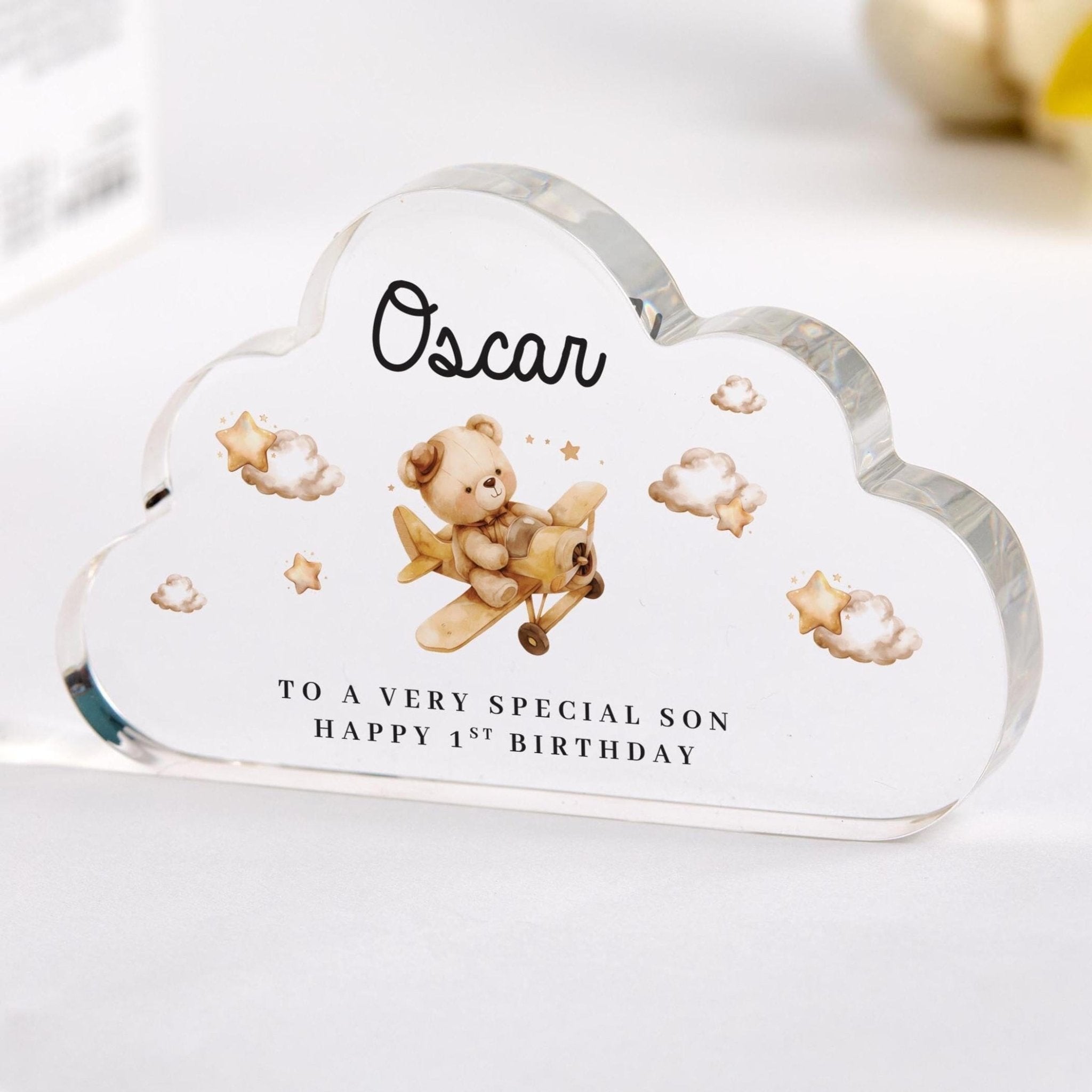 Personalised First Birthday Gift for Nephew Grandson Son Acrylic Plaque Teddy Bear Keepsake for Baby Boy Name Nursery Decoration for