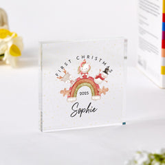 Personalised First Christmas Acrylic Plaque – Gift for Child Niece Nephew or Grandchild - Cute Rainbow Design Baby Keepsake