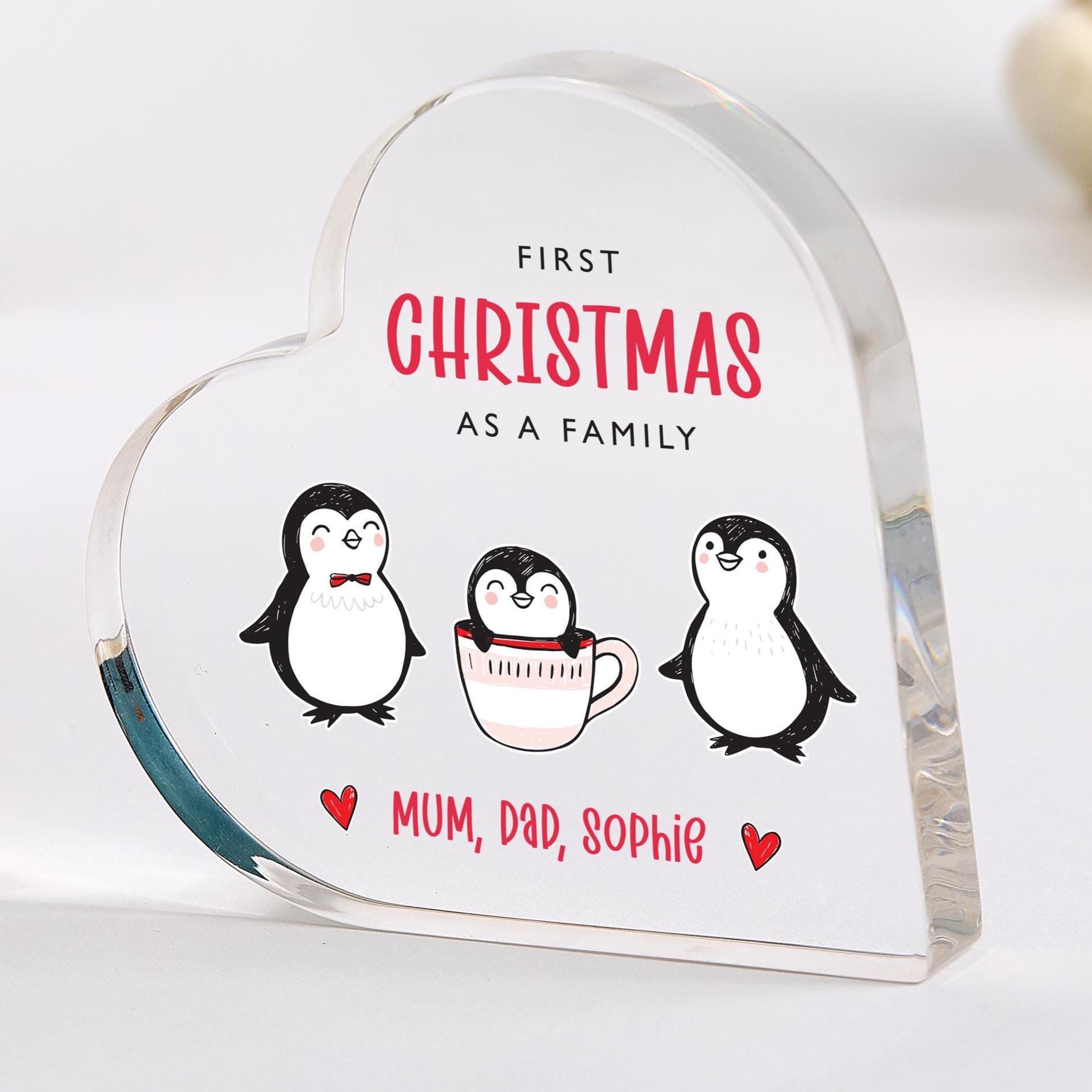 Personalised First Christmas as a Family Heart Acrylic Plaque – Cute Penguin Design 2025 Keepsake Gift for New Parents and Baby Xmas Gift