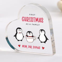 Personalised First Christmas as a Family Heart Acrylic Plaque – Cute Penguin Design 2025 Keepsake Gift for New Parents and Baby Xmas Gift