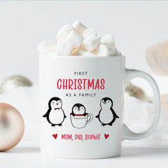 Personalised First Christmas as a family mug Gift for new mum dad her Our 1st Xmas family of three Cute penguins Mummy daddy babby keepsake