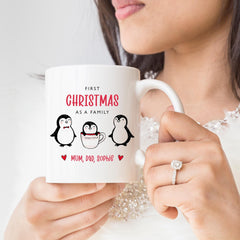 Personalised First Christmas as a family mug Gift for new mum dad her Our 1st Xmas family of three Cute penguins Mummy daddy babby keepsake