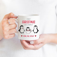 Personalised First Christmas as a family mug Gift for new mum dad her Our 1st Xmas family of three Cute penguins Mummy daddy babby keepsake