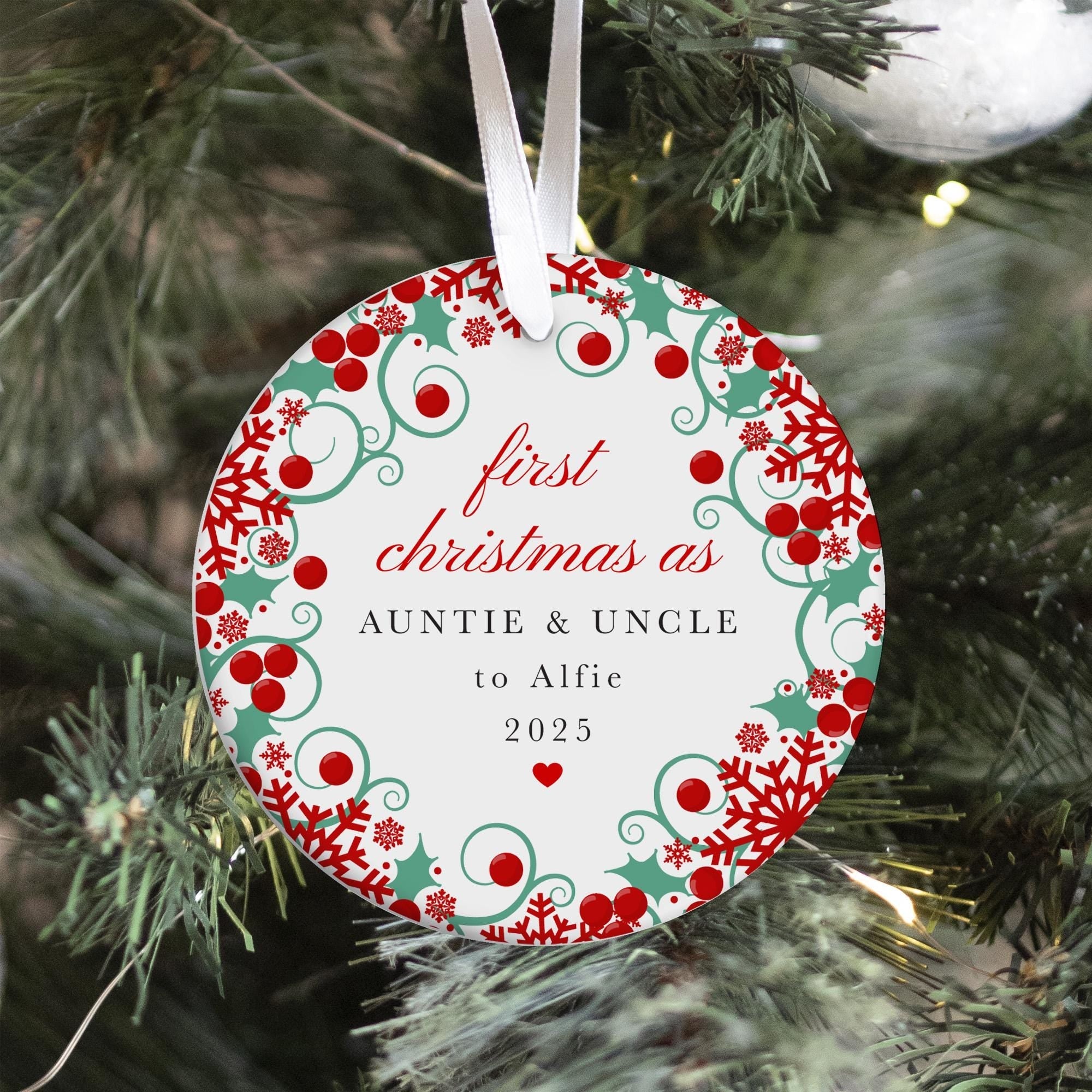 Personalised First Christmas as Auntie & Uncle Tree Decoration Ornament Gift from Nephew or Niece 1st Xmas Keepsake