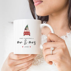 Personalised First Christmas as Mr Mrs last name mug Red truck Gift for wife husband him her Newlywed couple Our 1st Xmas married present