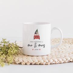 Personalised First Christmas as Mr Mrs last name mug Red truck Gift for wife husband him her Newlywed couple Our 1st Xmas married present