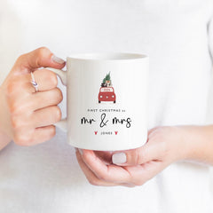 Personalised First Christmas as Mr Mrs last name mug Red truck Gift for wife husband him her Newlywed couple Our 1st Xmas married present