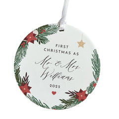 Personalised First Christmas as Mr & Mrs Ornament Custom Wedding Keepsake Gift for Couple Wreath Newlywed Bauble with Last Name