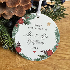 Personalised First Christmas as Mr & Mrs Ornament Custom Wedding Keepsake Gift for Couple Wreath Newlywed Bauble with Last Name